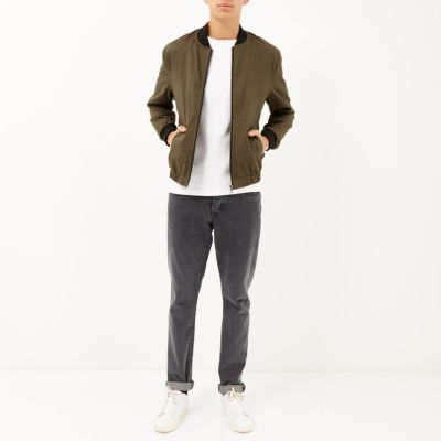 Green casual contrast neck bomber jacket